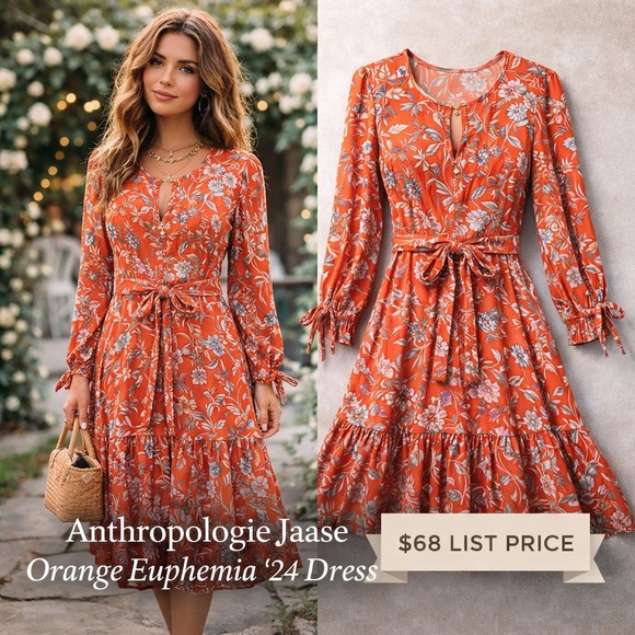 Jaase Dresses & Skirts - Anthro’s Jaase Boho Floral Rayon Tie Waist Midi Dress Long Sleeve Resort Size S